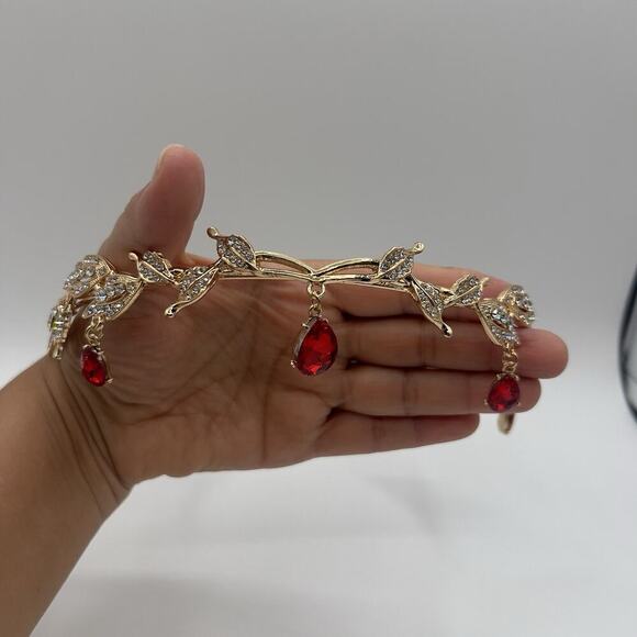 Gold Elf Fairy Tiara Crown with Red Gem & 2 Pairs Elf Ears Cosplay Halloween - Picture 8 of 8